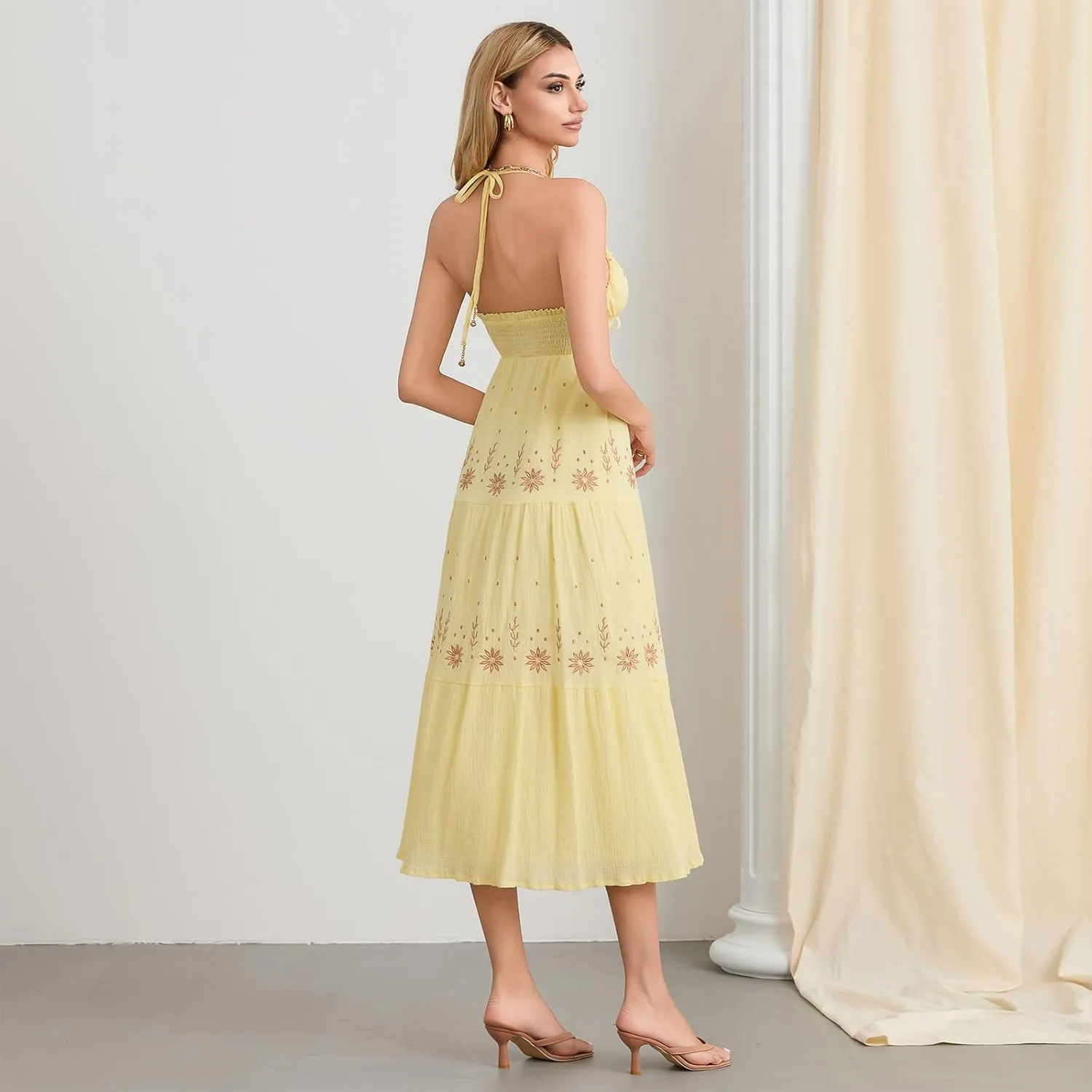 Women Backless Flowy Boho Maxi Dress Sexy Strappy Low Cut Long Dress Casual Tiered Summer Vacation Sundress