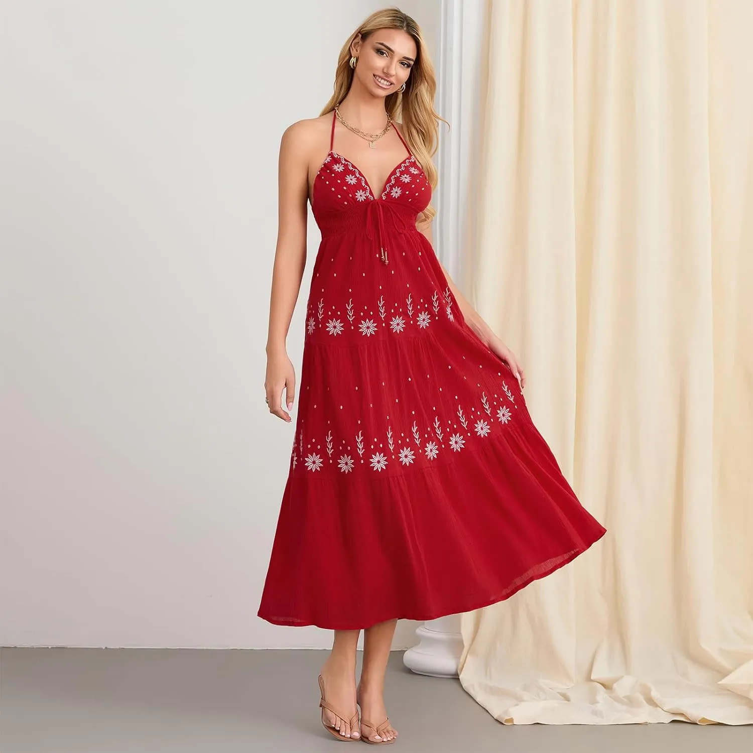 Women Backless Flowy Boho Maxi Dress Sexy Strappy Low Cut Long Dress Casual Tiered Summer Vacation Sundress
