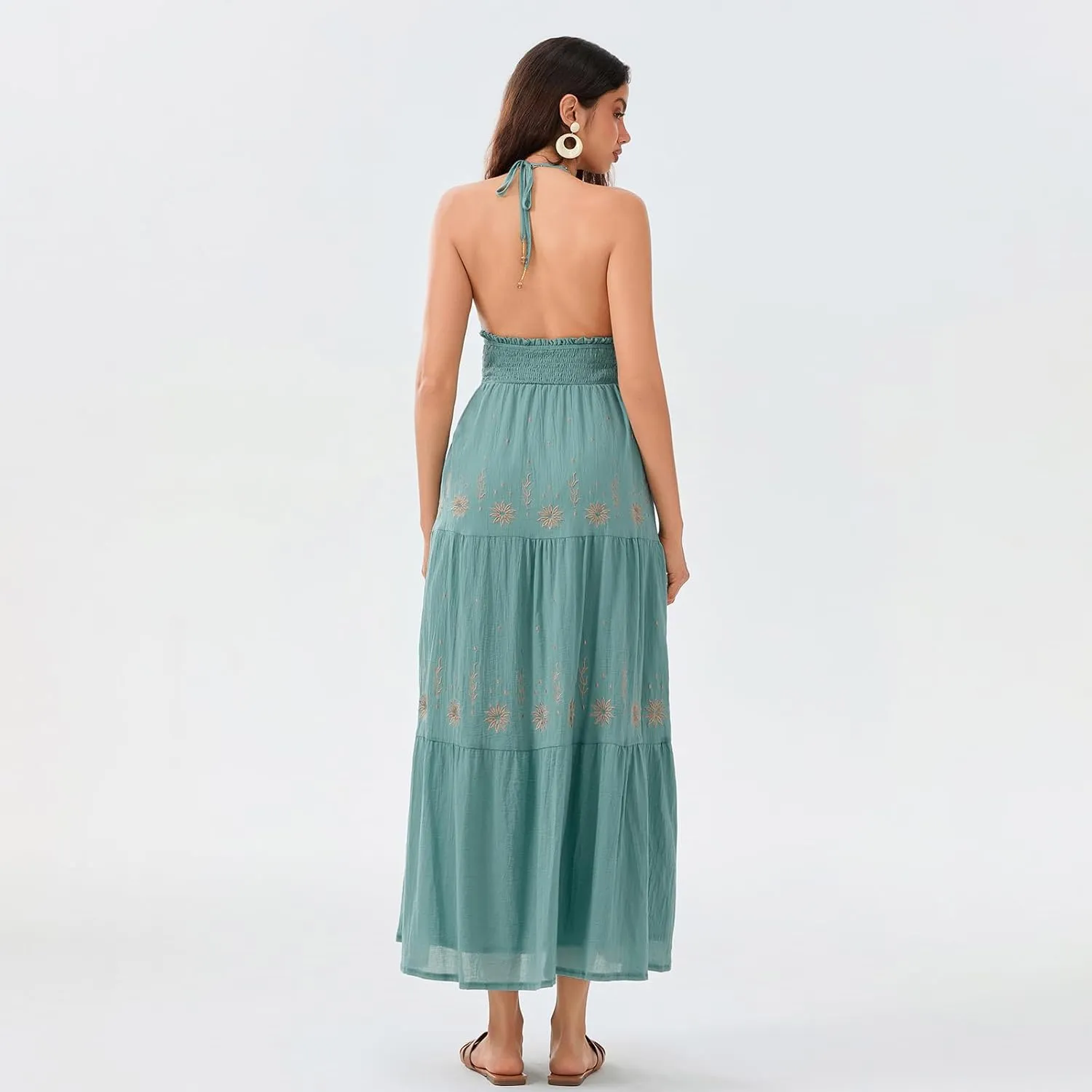 Women Backless Flowy Boho Maxi Dress Sexy Strappy Low Cut Long Dress Casual Tiered Summer Vacation Sundress