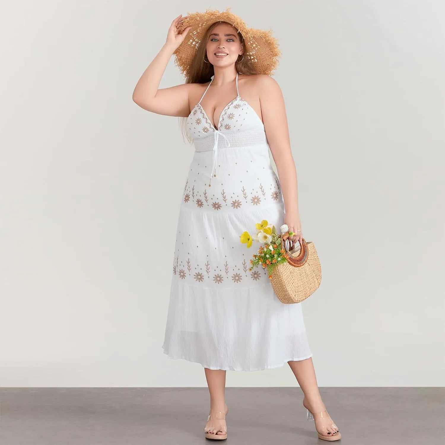 Women Backless Flowy Boho Maxi Dress Sexy Strappy Low Cut Long Dress Casual Tiered Summer Vacation Sundress