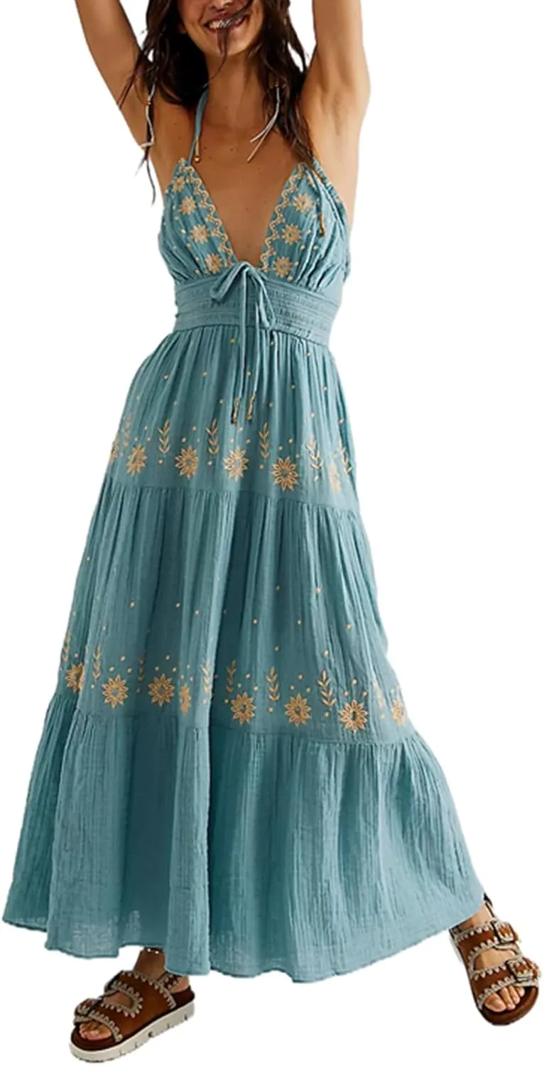 Women Backless Flowy Boho Maxi Dress Sexy Strappy Low Cut Long Dress Casual Tiered Summer Vacation Sundress