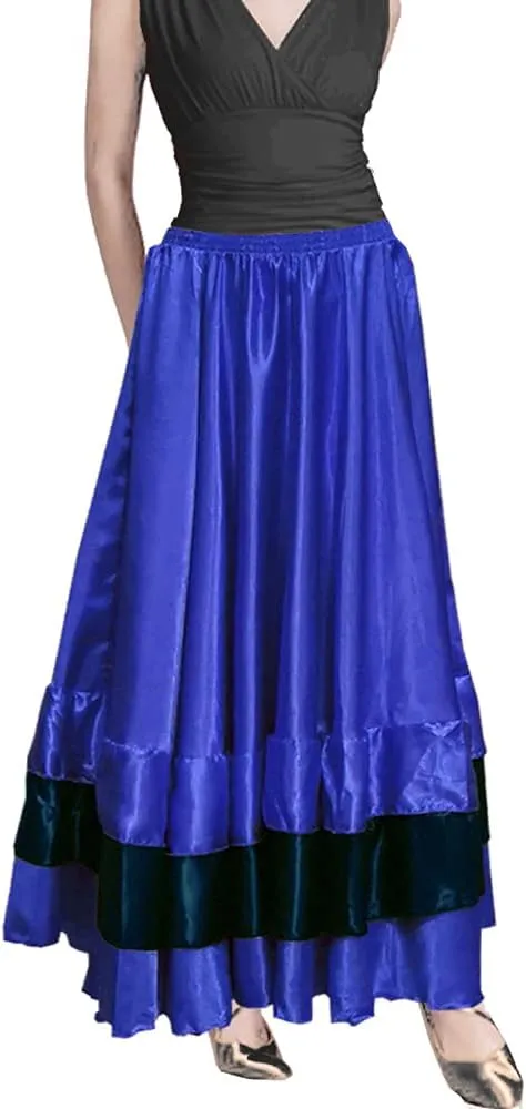 Women Black Red Layers Satin Long Skirt for Spanish Flamenco Belly Dance Mexico Ballet Folklorico Performance