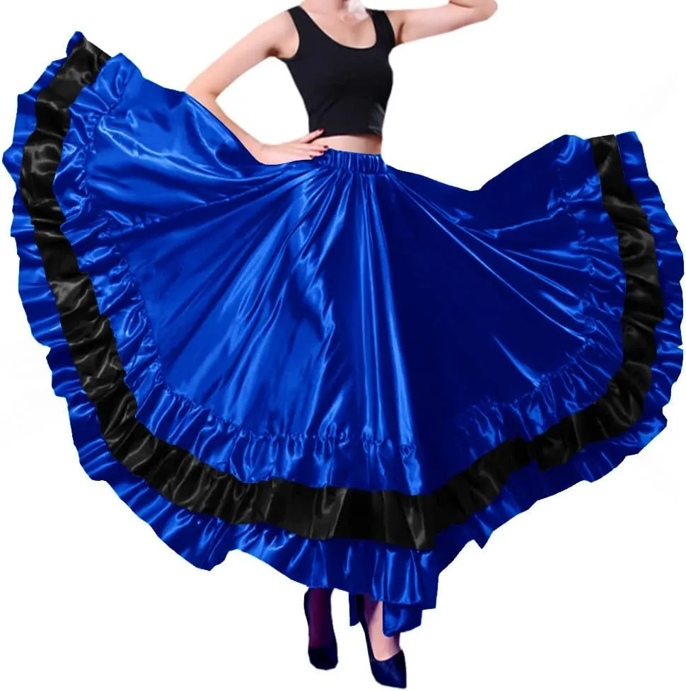 Women Black Red Layers Satin Long Skirt for Spanish Flamenco Belly Dance Mexico Ballet Folklorico Performance
