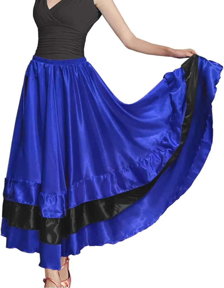 Women Black Red Layers Satin Long Skirt for Spanish Flamenco Belly Dance Mexico Ballet Folklorico Performance