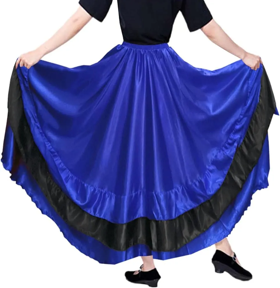 Women Black Red Layers Satin Long Skirt for Spanish Flamenco Belly Dance Mexico Ballet Folklorico Performance