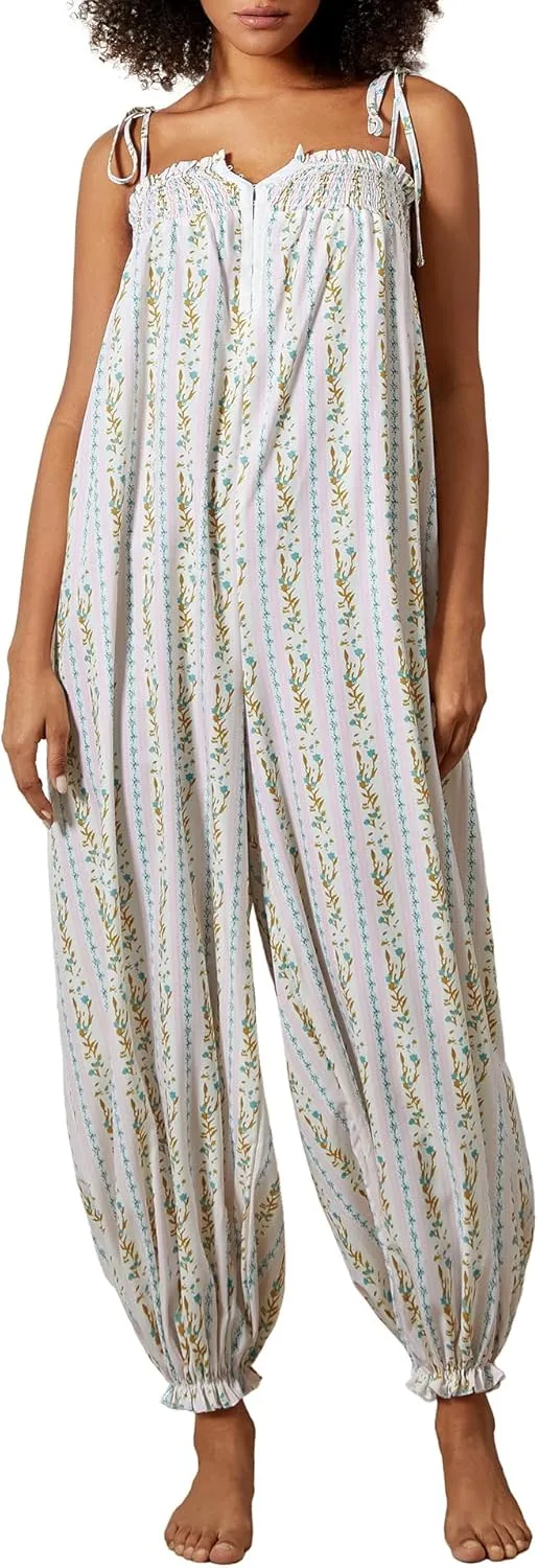 Women Boho Floral Spaghetti Strap Maxi Romper Sleeveless Loose Jumpsuits Retro Baggy Long Pant Romper Jumpsuit