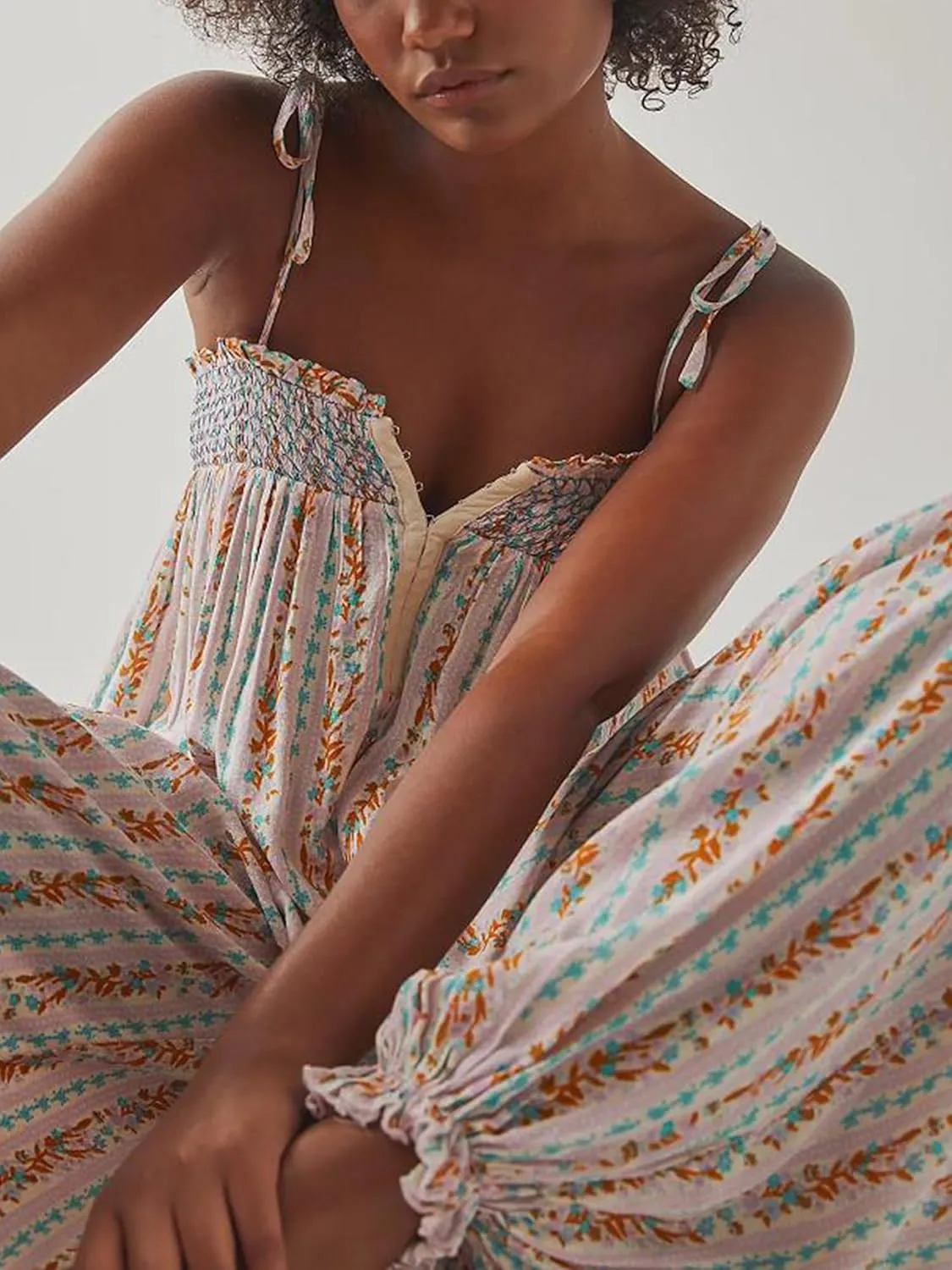 Women Boho Floral Spaghetti Strap Maxi Romper Sleeveless Loose Jumpsuits Retro Baggy Long Pant Romper Jumpsuit