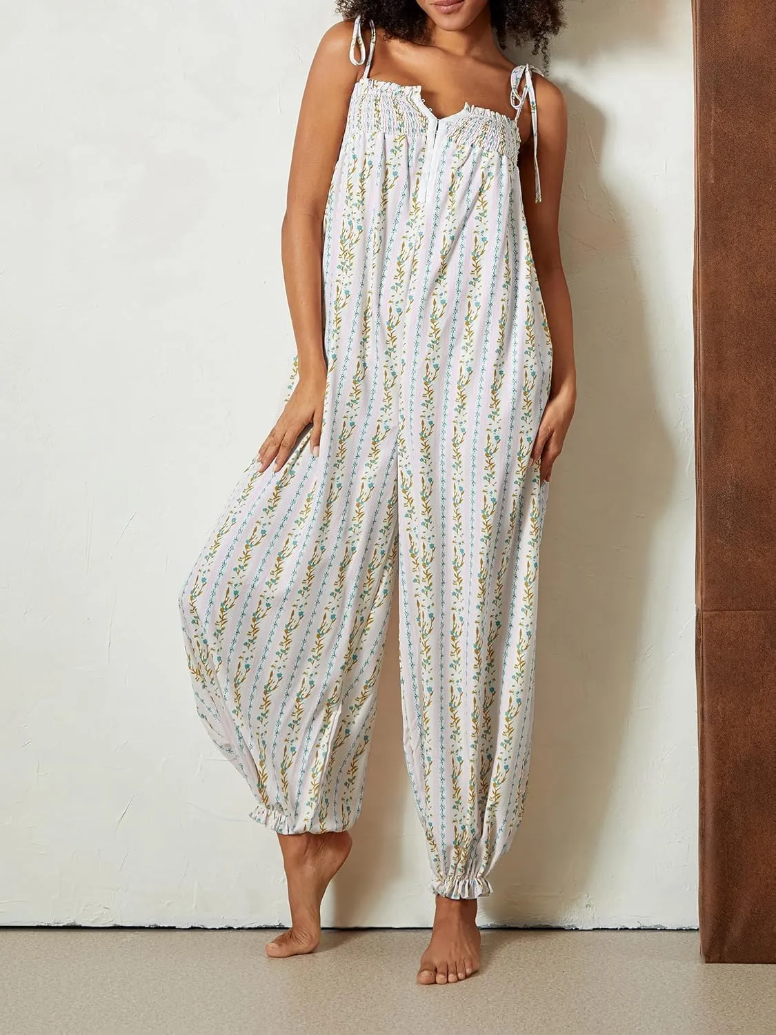 Women Boho Floral Spaghetti Strap Maxi Romper Sleeveless Loose Jumpsuits Retro Baggy Long Pant Romper Jumpsuit