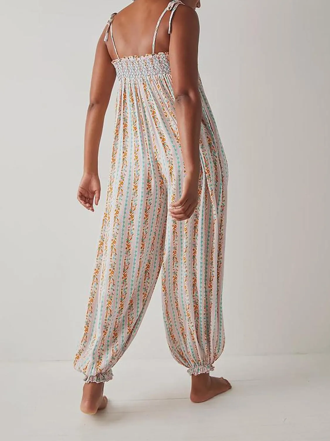 Women Boho Floral Spaghetti Strap Maxi Romper Sleeveless Loose Jumpsuits Retro Baggy Long Pant Romper Jumpsuit