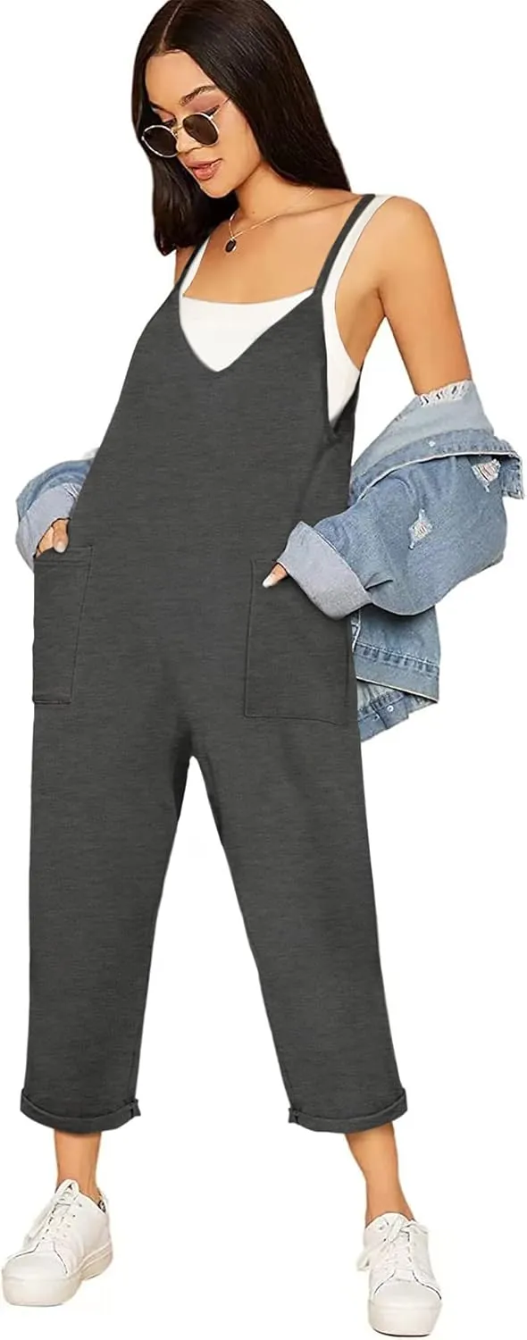 Women Casual Overalls Jumpsuits Loose Sleeveless Adjustable Spaghetti Strap Wide Leg Long Pants Romper with Pockets