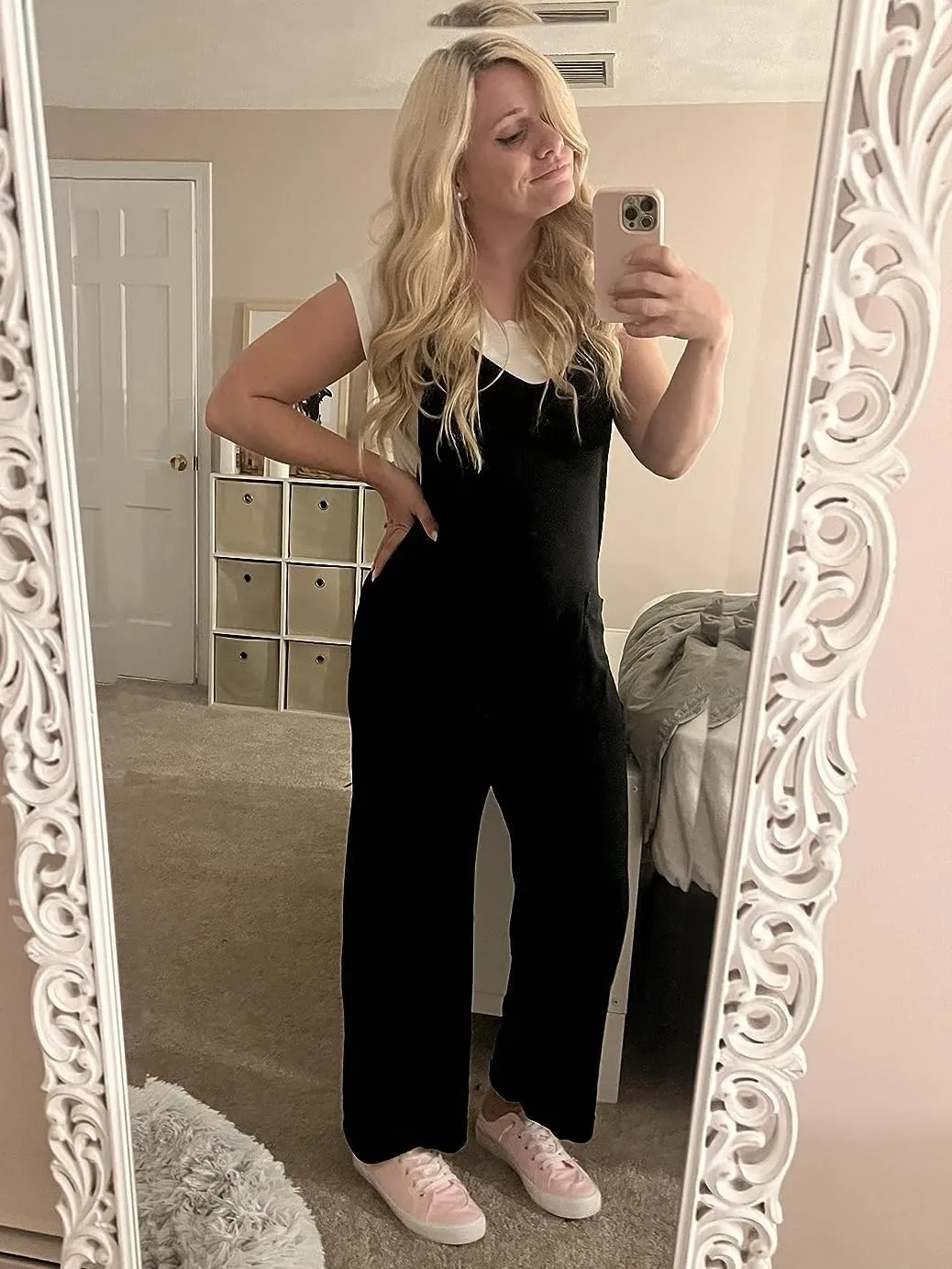 Women Casual Overalls Jumpsuits Loose Sleeveless Adjustable Spaghetti Strap Wide Leg Long Pants Romper with Pockets
