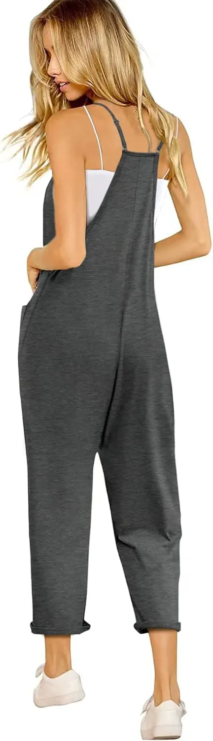 Women Casual Overalls Jumpsuits Loose Sleeveless Adjustable Spaghetti Strap Wide Leg Long Pants Romper with Pockets