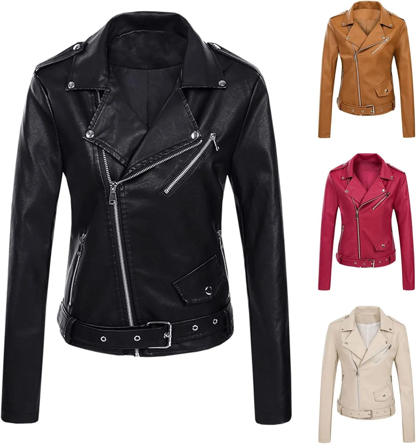 Women Classic Faux Leather Jacket Zip Up Outwear Lapel Biker Short Coat Ladies Moto Jackets Motorcycle Cardigan