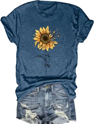 Women Crew Neck Sunflower Graphic Loose Tee Shirts Short Sleeve Tshirts Garden Lover Trendy Top