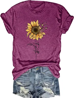 Women Crew Neck Sunflower Graphic Loose Tee Shirts Short Sleeve Tshirts Garden Lover Trendy Top