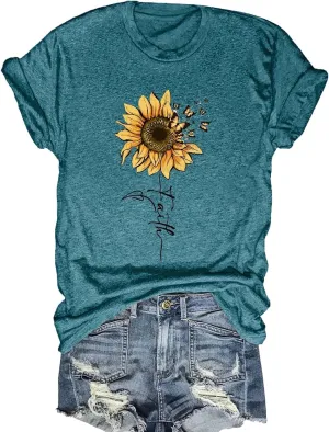 Women Crew Neck Sunflower Graphic Loose Tee Shirts Short Sleeve Tshirts Garden Lover Trendy Top