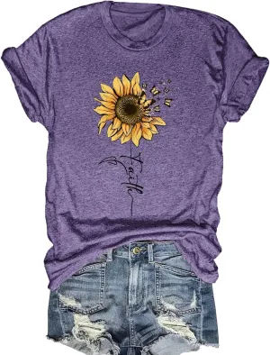 Women Crew Neck Sunflower Graphic Loose Tee Shirts Short Sleeve Tshirts Garden Lover Trendy Top