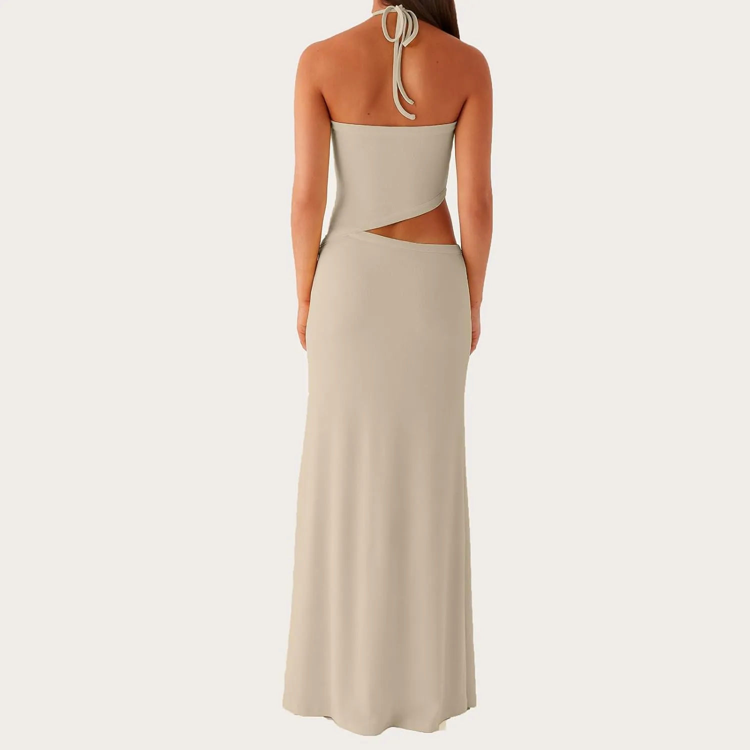 Women Cutout Halter Neck Bodycon Long Dress Summer Sexy Slim Fitted Sleeveless Hollow Maxi Dresses Streetwear