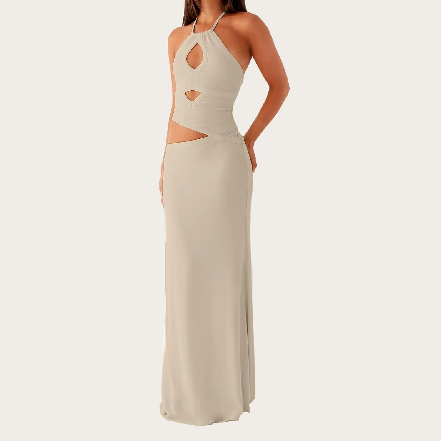 Women Cutout Halter Neck Bodycon Long Dress Summer Sexy Slim Fitted Sleeveless Hollow Maxi Dresses Streetwear