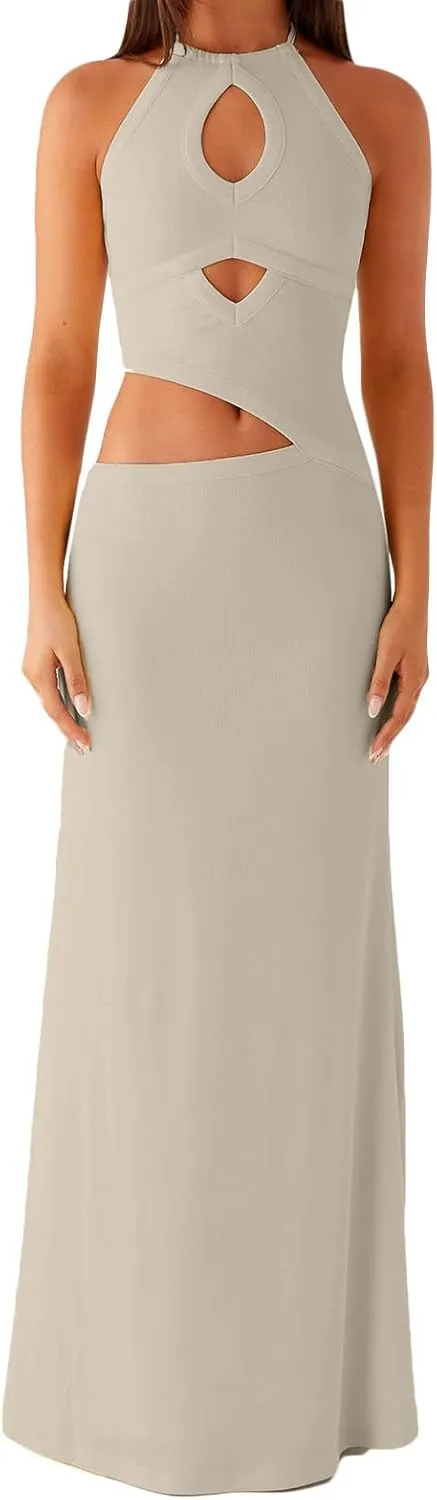 Women Cutout Halter Neck Bodycon Long Dress Summer Sexy Slim Fitted Sleeveless Hollow Maxi Dresses Streetwear