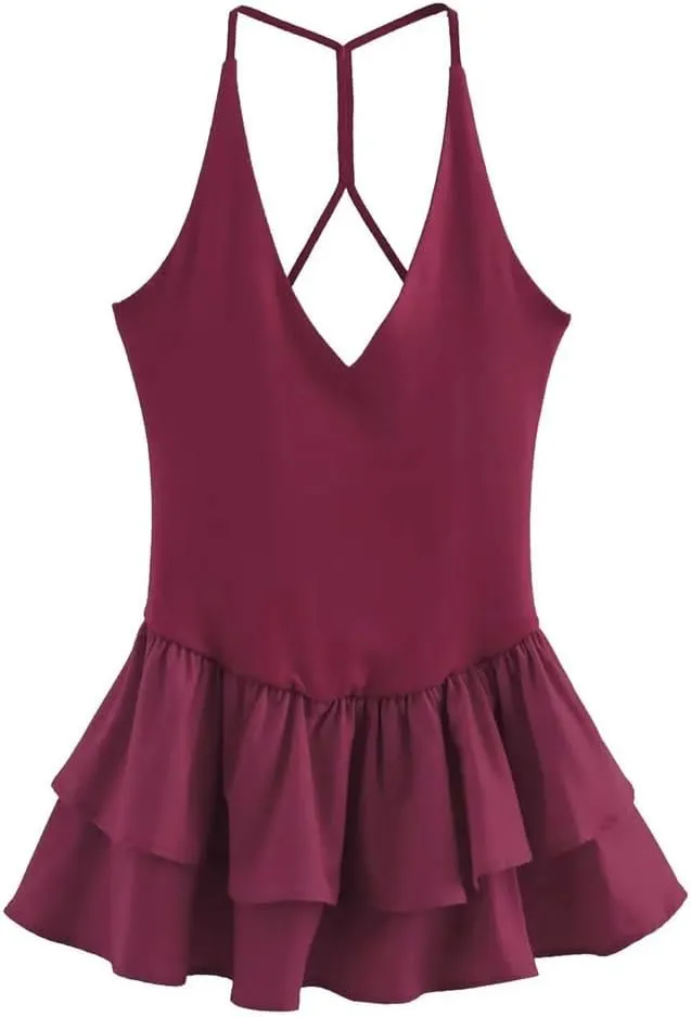 Women Deep V-Neck Mini Dress Sexy Sleeveless Backless Pleated Elastic Beach Slim Party Dresses