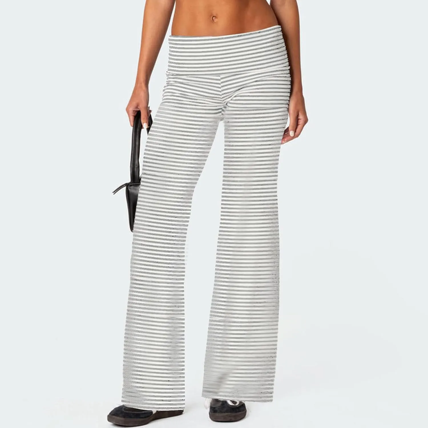 Women Elastic Wide Leg Pants Casual Cute Striped Print Folded Waist Trousers for Work Office Streetwear