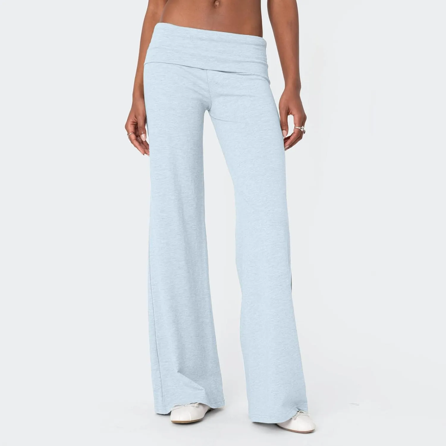 Women Elastic Wide Leg Pants Casual Cute Striped Print Folded Waist Trousers for Work Office Streetwear
