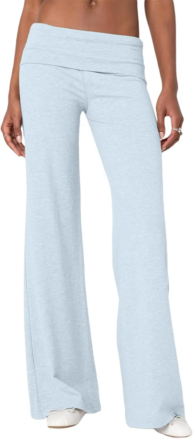 Women Elastic Wide Leg Pants Casual Cute Striped Print Folded Waist Trousers for Work Office Streetwear