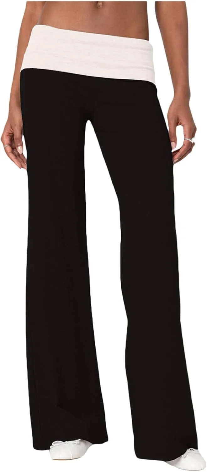 Women Elastic Wide Leg Pants Casual Cute Striped Print Folded Waist Trousers for Work Office Streetwear
