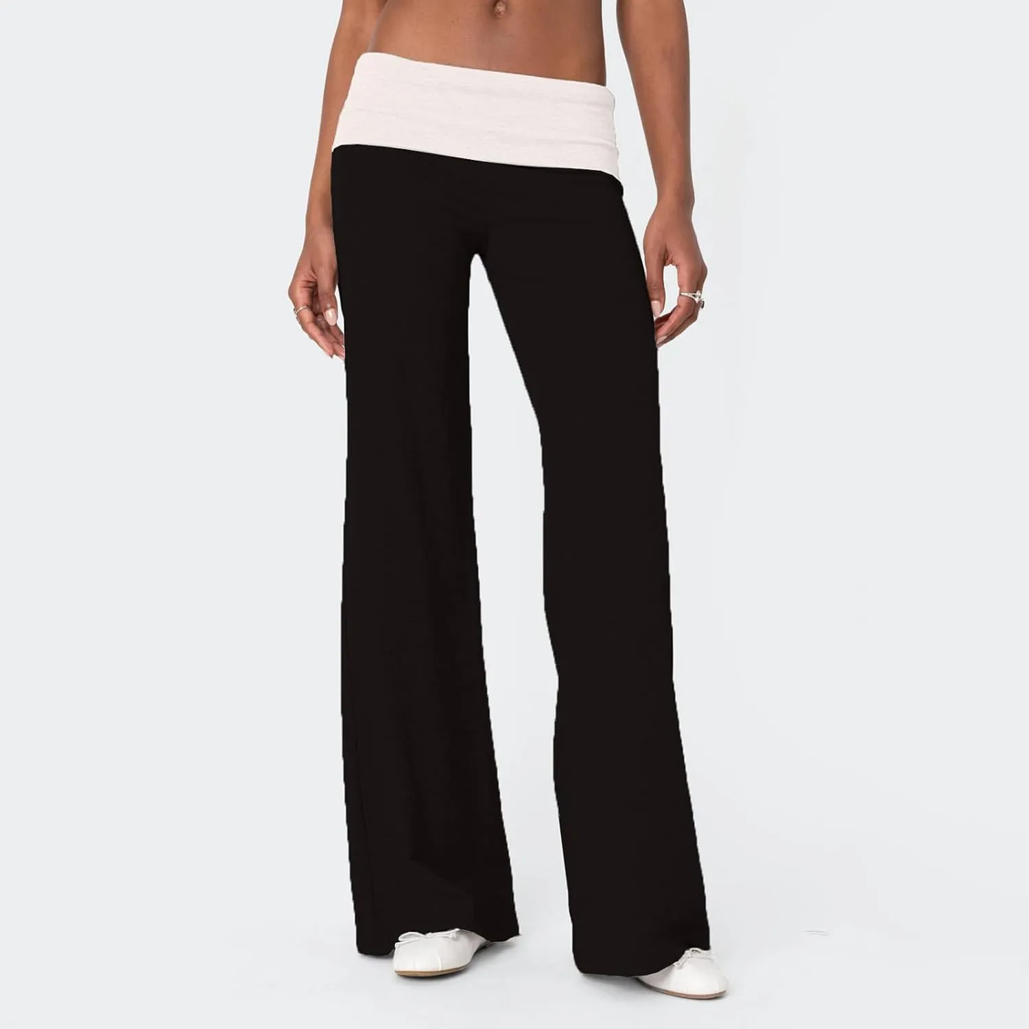 Women Elastic Wide Leg Pants Casual Cute Striped Print Folded Waist Trousers for Work Office Streetwear