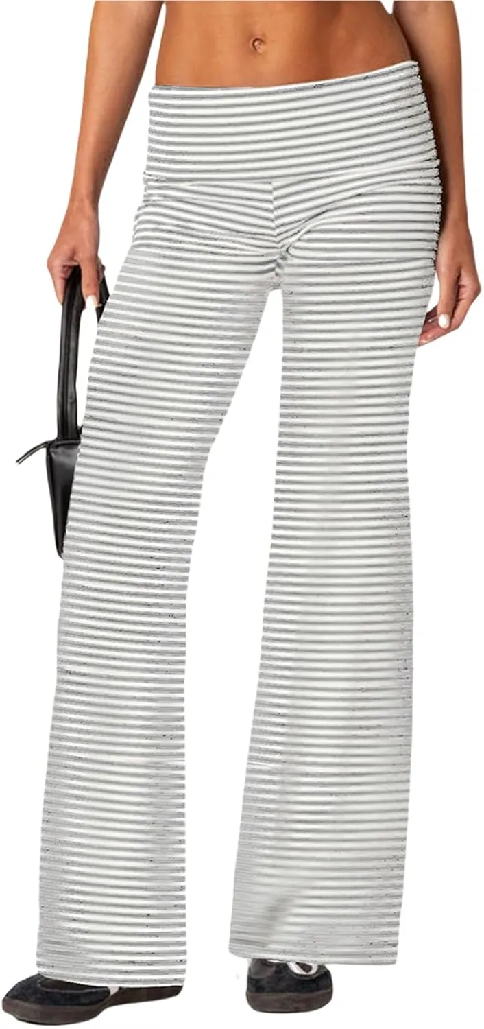 Women Elastic Wide Leg Pants Casual Cute Striped Print Folded Waist Trousers for Work Office Streetwear