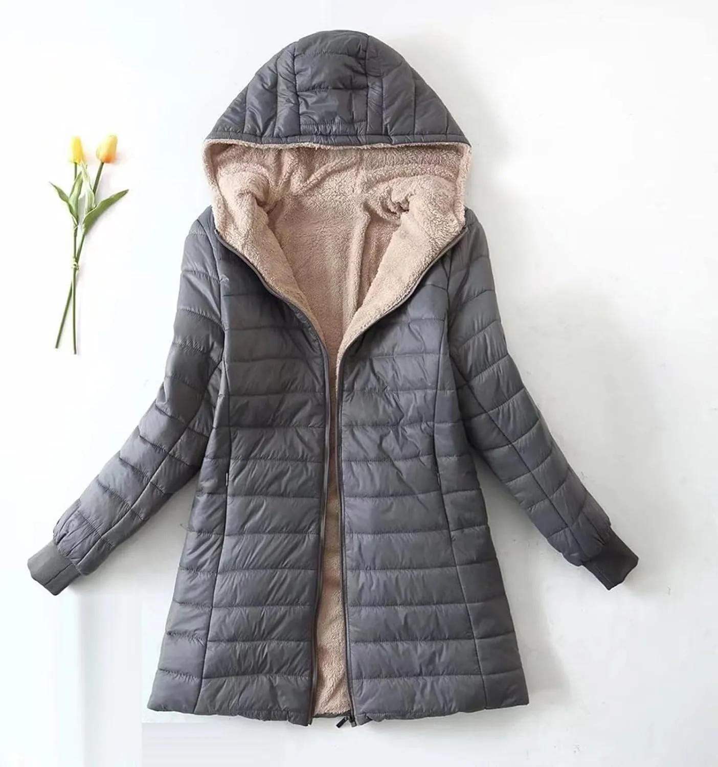 Women Fleece Lined Jacket Lightweight Quilted Jacket Hooded Down Jackets Thicken Parka Casual Winter Warm Puffer Jacket