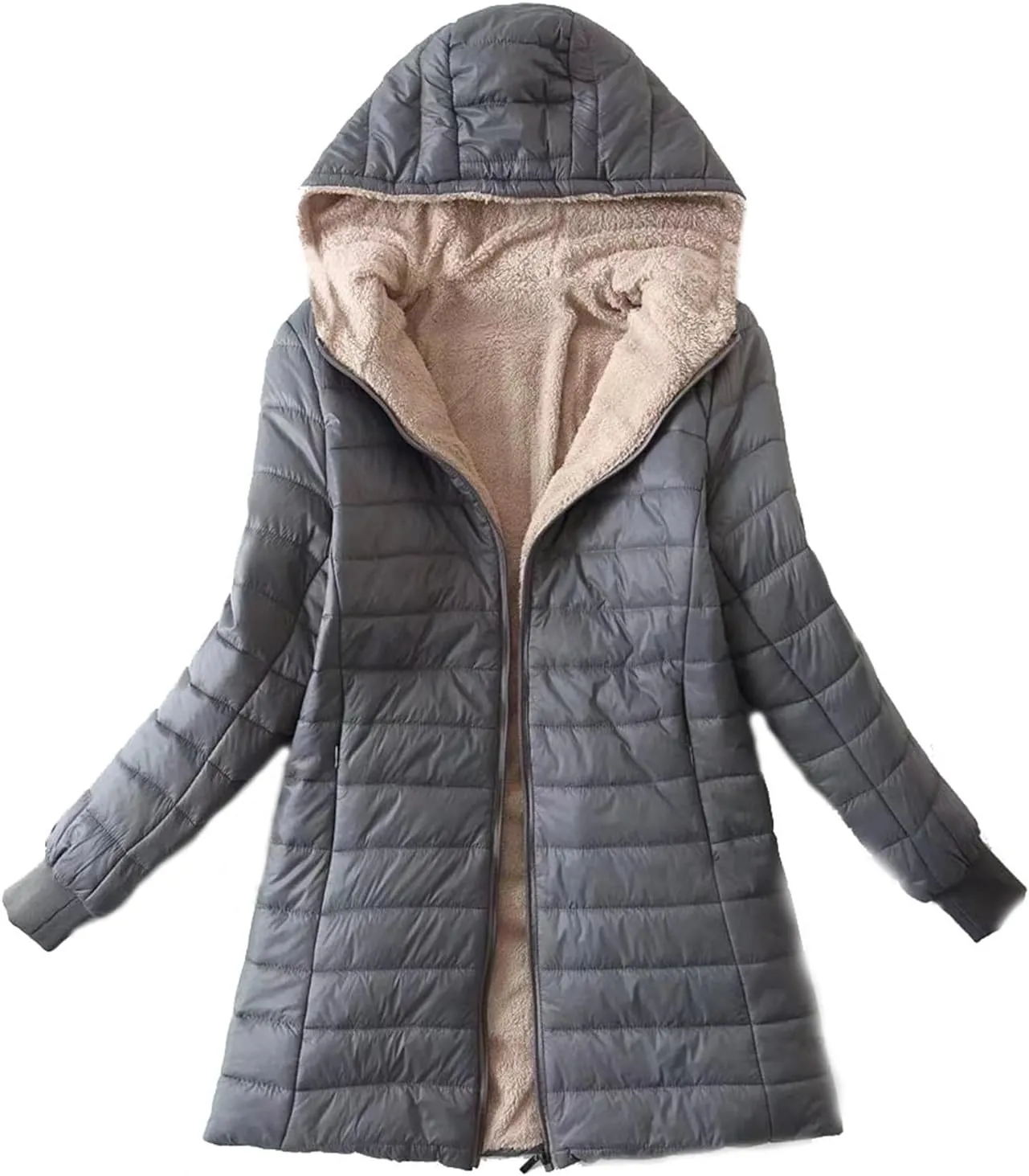 Women Fleece Lined Jacket Lightweight Quilted Jacket Hooded Down Jackets Thicken Parka Casual Winter Warm Puffer Jacket