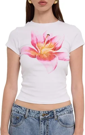 Women Floral Print Baby Tees Y2k Graphic Crew Neck Short Sleeve Crop Top Teen Girl Summer Aesthetic Vintage Shirt