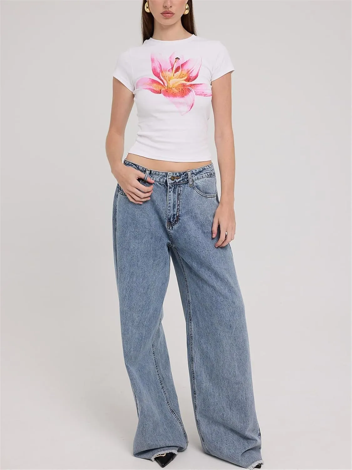 Women Floral Print Baby Tees Y2k Graphic Crew Neck Short Sleeve Crop Top Teen Girl Summer Aesthetic Vintage Shirt