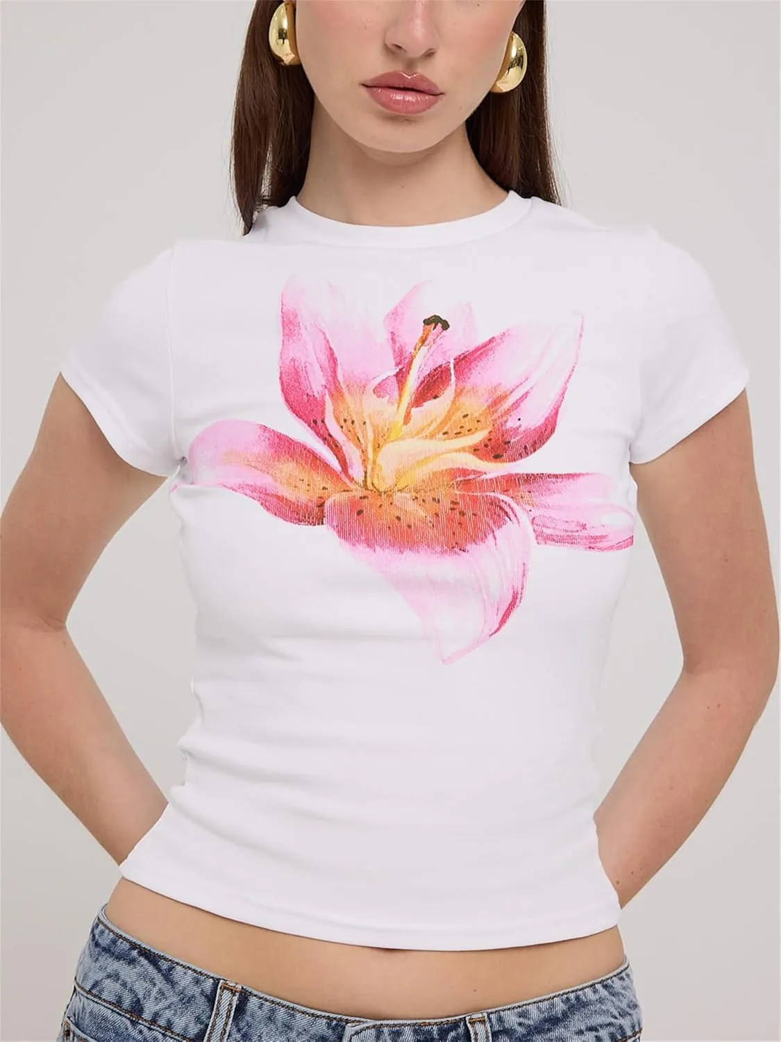 Women Floral Print Baby Tees Y2k Graphic Crew Neck Short Sleeve Crop Top Teen Girl Summer Aesthetic Vintage Shirt