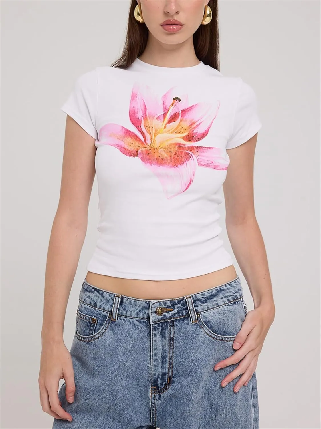 Women Floral Print Baby Tees Y2k Graphic Crew Neck Short Sleeve Crop Top Teen Girl Summer Aesthetic Vintage Shirt