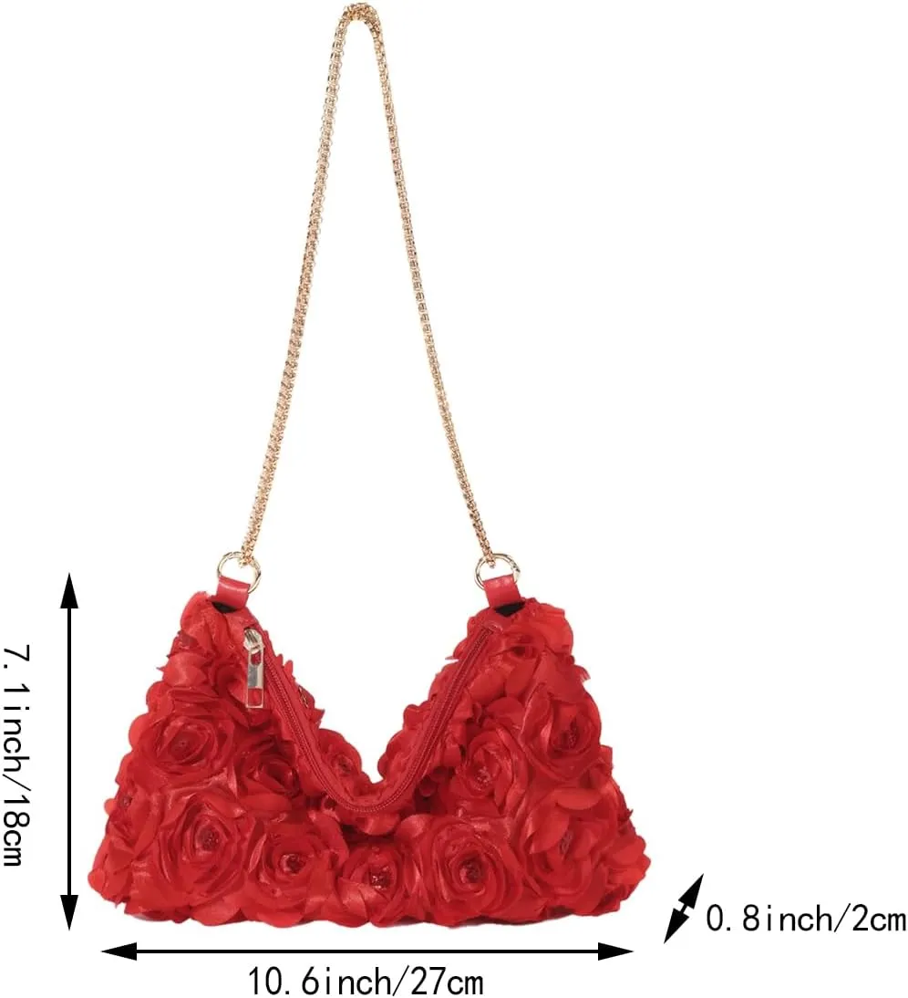 Women Glitter 3D Floral Evening Bag Sequins Zipper Underarm Crescent Clutch Purse for Wedding Party Date Night