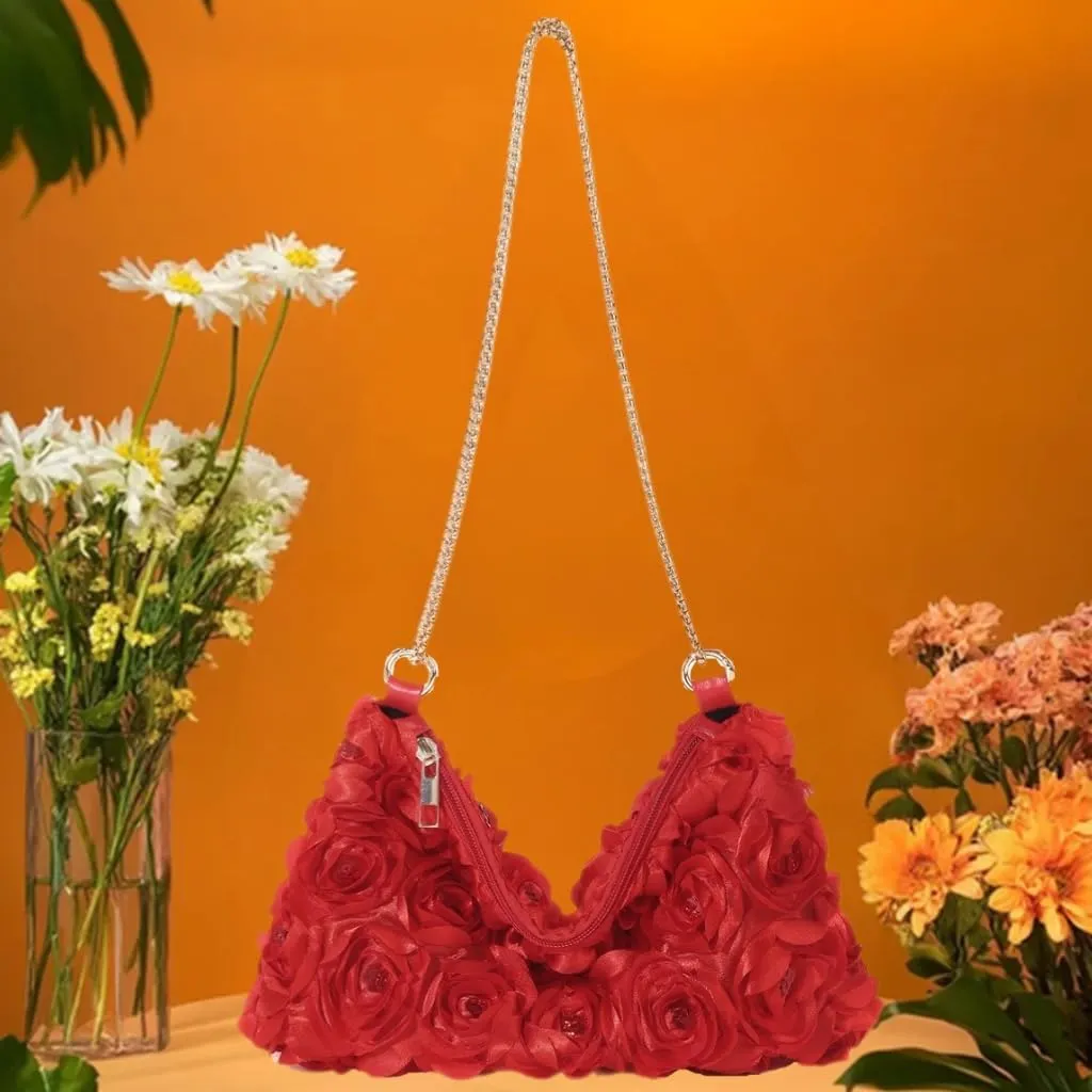 Women Glitter 3D Floral Evening Bag Sequins Zipper Underarm Crescent Clutch Purse for Wedding Party Date Night