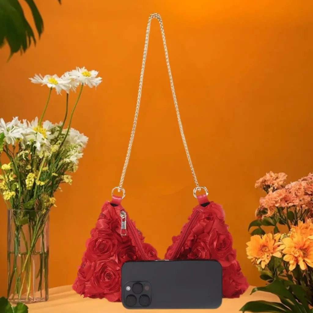 Women Glitter 3D Floral Evening Bag Sequins Zipper Underarm Crescent Clutch Purse for Wedding Party Date Night