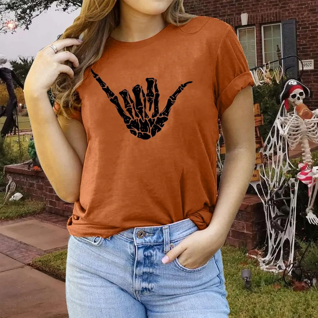 Women Halloween Skeleton Hand Shirt Funny Skull Gothic Graphic Casual Novelty Rock Punk Short Sleeve Muscle Tee Shirts