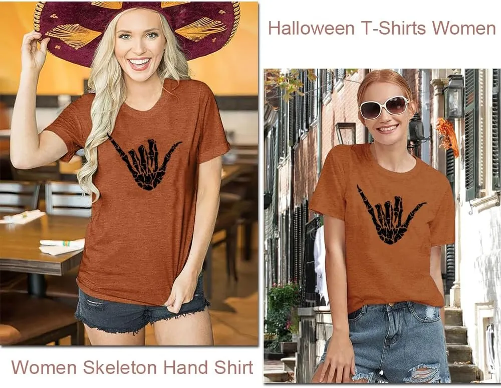 Women Halloween Skeleton Hand Shirt Funny Skull Gothic Graphic Casual Novelty Rock Punk Short Sleeve Muscle Tee Shirts
