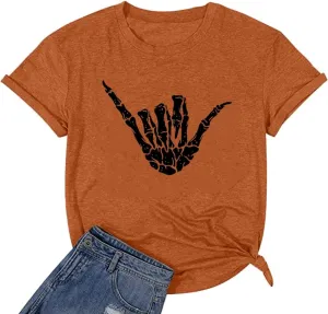 Women Halloween Skeleton Hand Shirt Funny Skull Gothic Graphic Casual Novelty Rock Punk Short Sleeve Muscle Tee Shirts