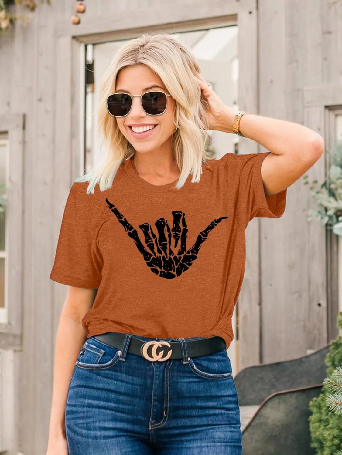 Women Halloween Skeleton Hand Shirt Funny Skull Gothic Graphic Casual Novelty Rock Punk Short Sleeve Muscle Tee Shirts