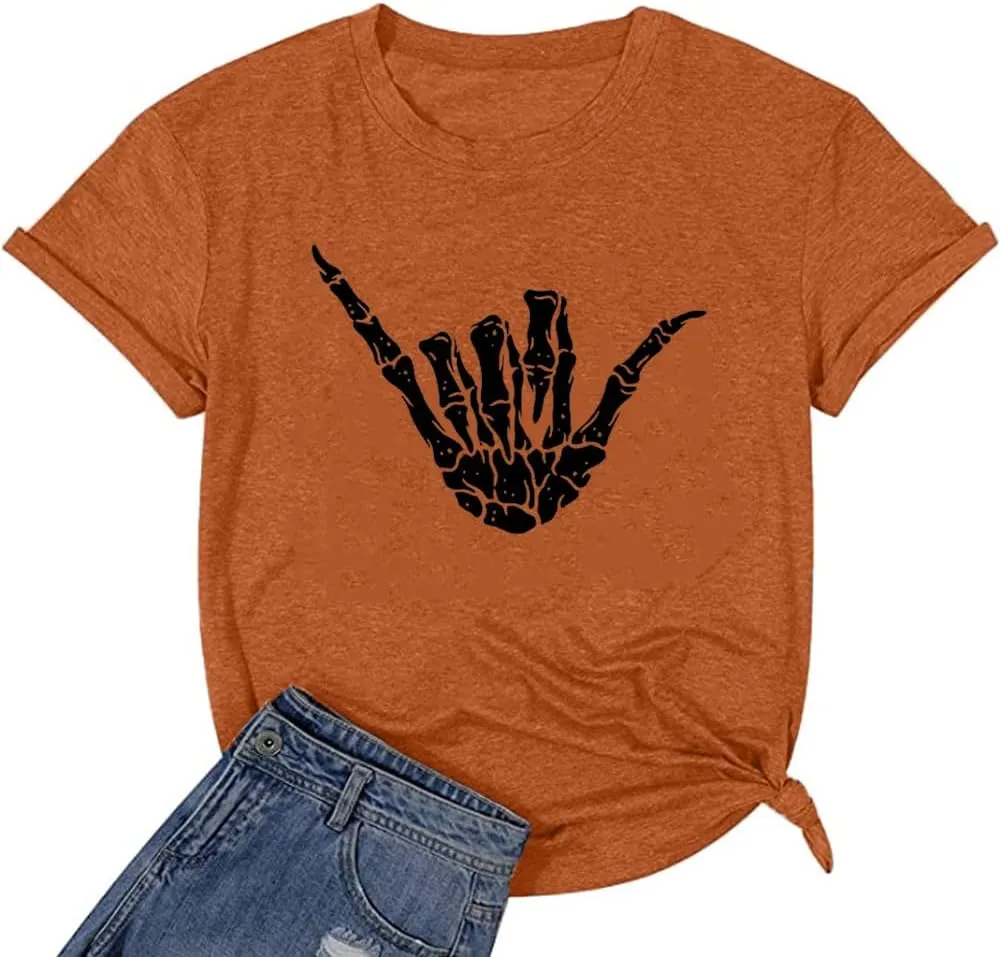 Women Halloween Skeleton Hand Shirt Funny Skull Gothic Graphic Casual Novelty Rock Punk Short Sleeve Muscle Tee Shirts