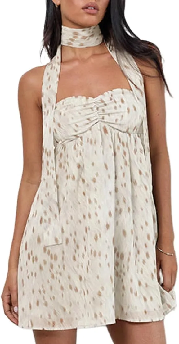 Women Halter Neck Mini Bodycon Dress with Scarf Sexy Backless Silk Satin Short Dress Club Party Dresses