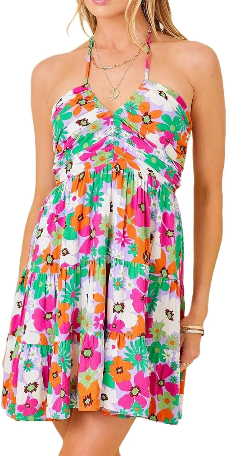 Women Halter Tie Back Floral Print Sleeveless Mini Dress Backless Ruffle Layered Party Beach Club Short Sundress
