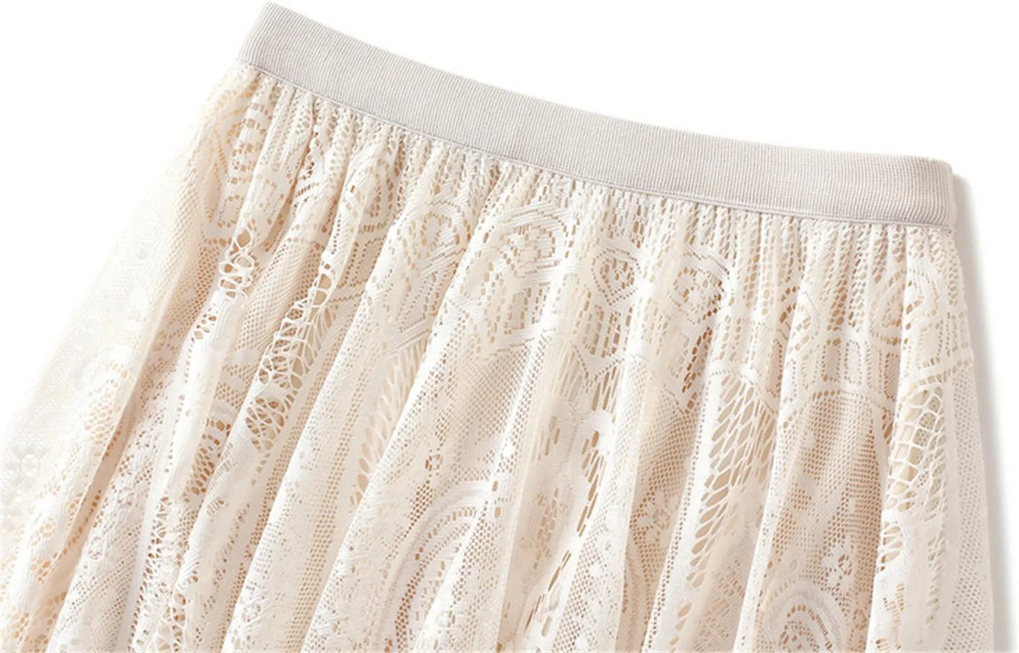 Women High Waist Pleated A-Line Lace Midi Skirt Double Layers Party Skirt