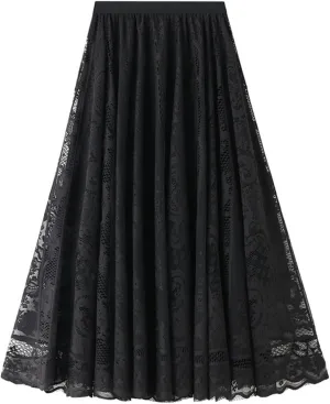 Women High Waist Pleated A-Line Lace Midi Skirt Double Layers Party Skirt