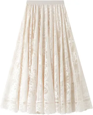 Women High Waist Pleated A-Line Lace Midi Skirt Double Layers Party Skirt